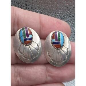 VINTAGE STERLING SILVER NATIVE AMERICAN MULTI STONE EARRINGS